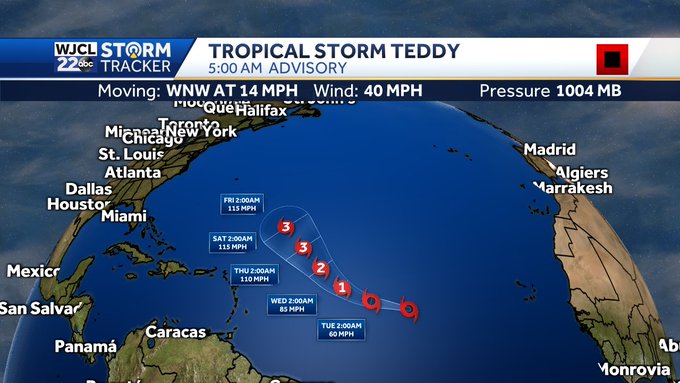 Furtuna tropicală Teddy se transformă într-un uragan puternic