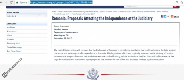 ALERTĂ! Departamentul de Stat al SUA cere Parlamentului din România să NU VOTEZE legile justiției