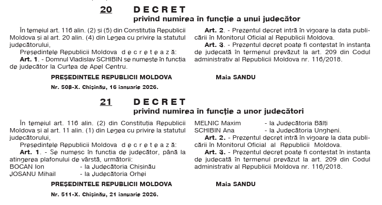 Președinta Maia Sandu a numit în funcție noi judecători. Decretele, publicate în Monitorul Oficial 1 decret