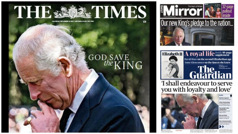 Fotografii pe fundal negru cu noul rege, publicate pe prima pagină a ziarelor britanice