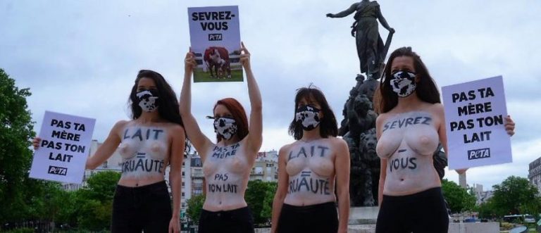 Activiste PETA au protestat în Paris împotriva consumului de lapte de vacă