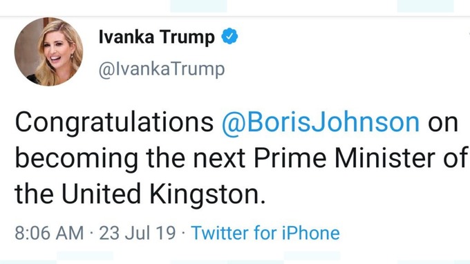 Ivanka Trump îl felicită pe Boris Johnson pentru că a devenit noul premier al ‘United Kingston’